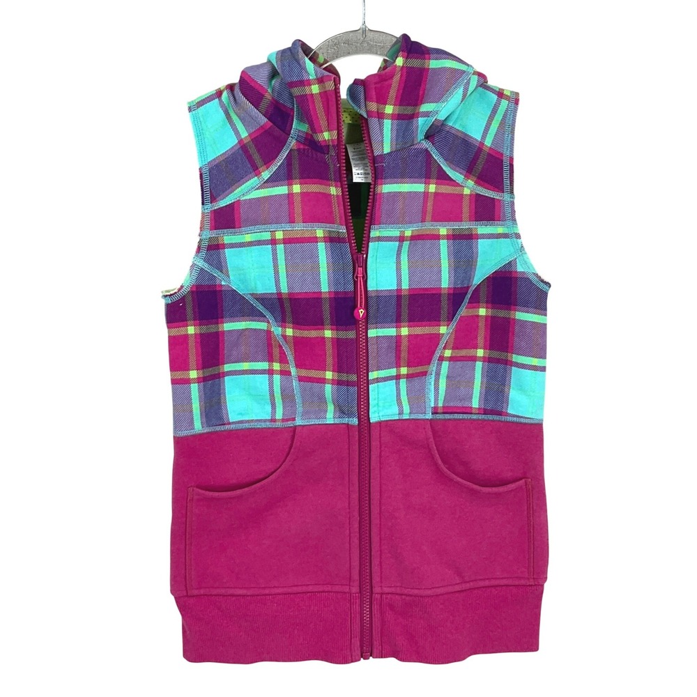 Ivivva by Lululemon Hooded Vest Girls‎ 14 Pink Plaid Fleece Full Zip Athletic
